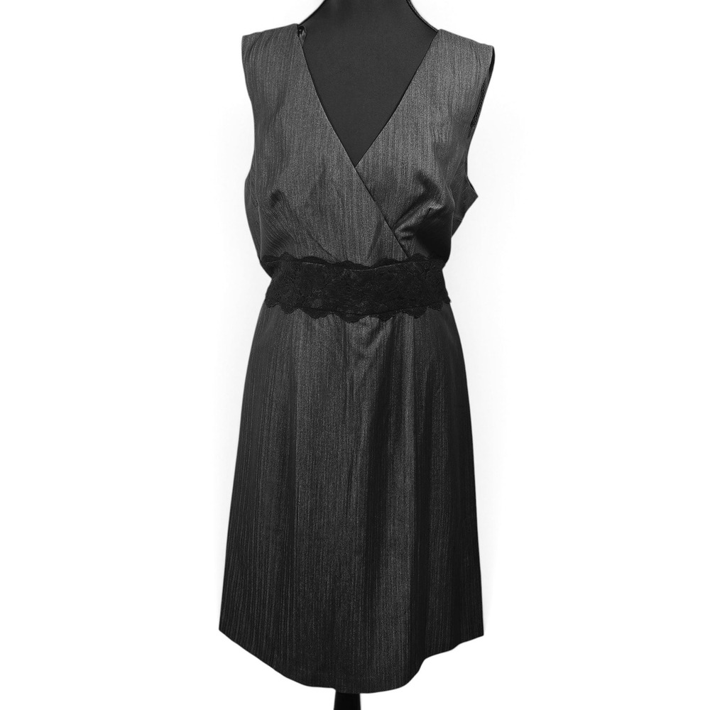 AB Studio Womens Charcoal Grey Lace Waist V-Neck Sheath Dress Size 16 Office NEW